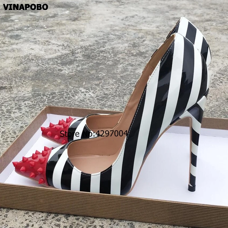 

2019 Vinapobo White Black Mix Color Rivet Pumps patent leather Stiletos High Heel Design Women Party Wedding Shoes Shallow Pumps