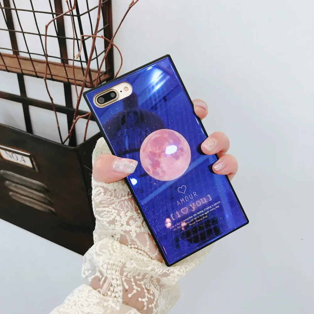 ZMASI Tempered Glass Cell Case for iPhone X 6 6s Blue-ray The Earth Moon Square Phone Shell 7 8 Plus Back Cover |