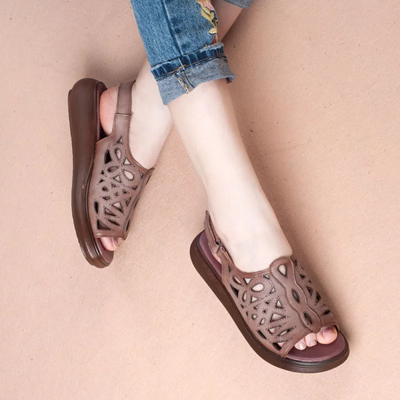 Женские сандалии из натуральной кожи летние на платформе черные/коричневые