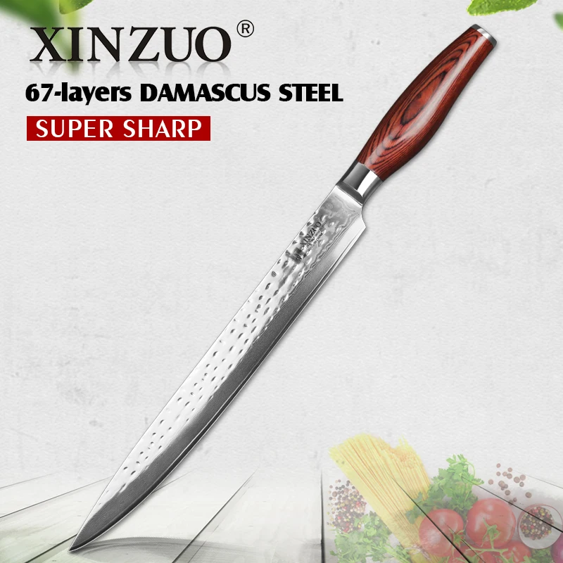 XINZUO 10'' Cleaver Knives 10Cr15CoMoV High Carbon Damascus Steel 2018 Excellent Kitchen Sushi Sashimi Knife Pakka Wood Handle
