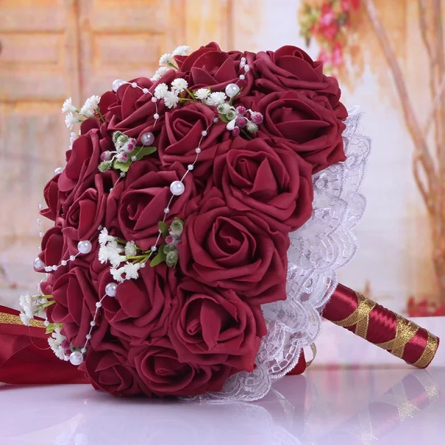 Wine red Искусственный Букет невесты с лентой свадебный букет 20*20 см цветы ручной работы для свадебной вечеринки новое поступление - Цвет: Wine red