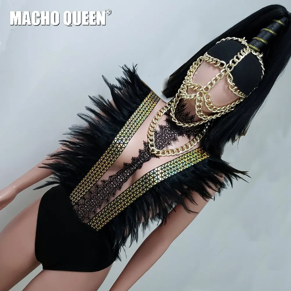 Черный перо Хэллоуин Drag queen костюмы голографический боди комбинезон певица сценическое шоу Подиум Женская одежда для вечеринок
