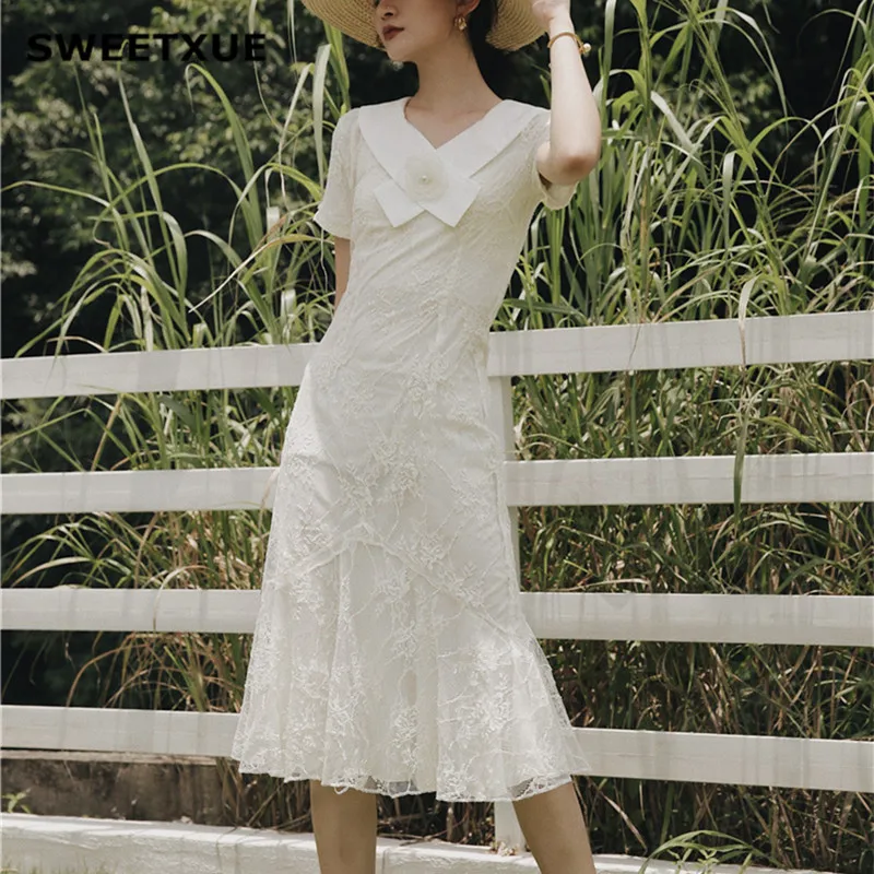 SWEETXUE Vintage Fishtail Dress New Summer Slim Short-Sleeved Three-Dimensional Flower Decoration Fairy Lace Midi Party Dresses | Женская