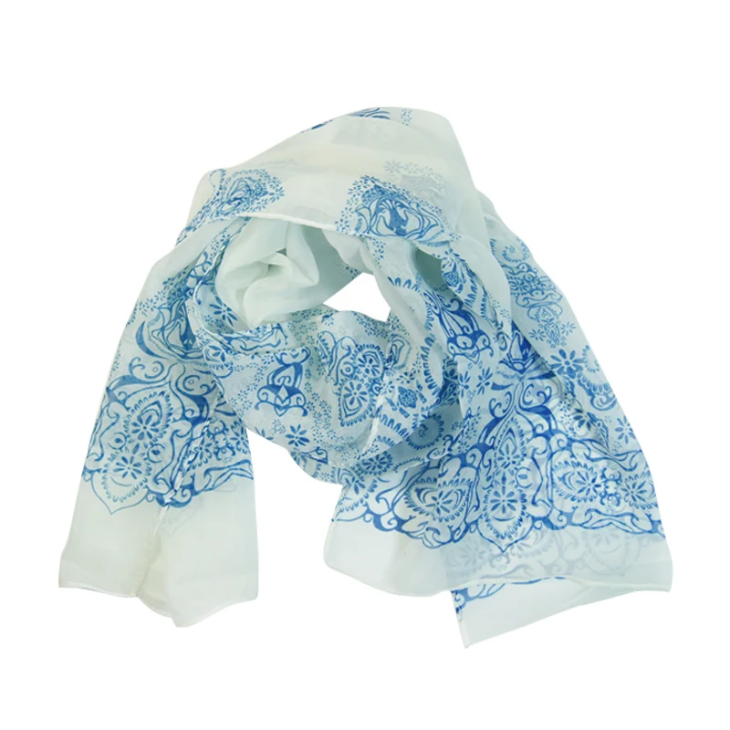 Новый модный тонкий женский шарф из шифона синего и белого цвета шаль для шеи