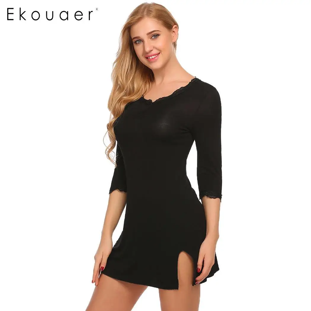 Ekouaer ночная рубашка, мягкая хлопковая ночная рубашка, ночная рубашка с v-образным вырезом, рукав 3/4, кружевная отделка, Женская пижама, Мини Ночная рубашка, домашняя одежда