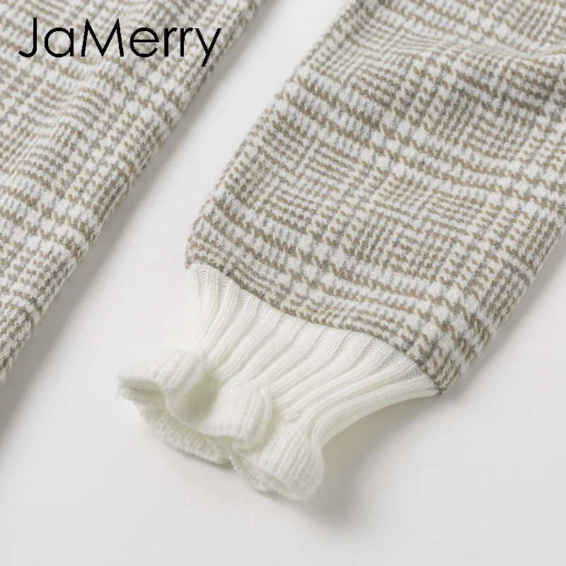 JaMerry, винтажное, элегантное, клетчатое платье, для женщин, с высоким воротом, трикотажное, короткое, мини платье, с рюшами, с поясом, Осеннее, для офиса, для девушек, vestidos, платья