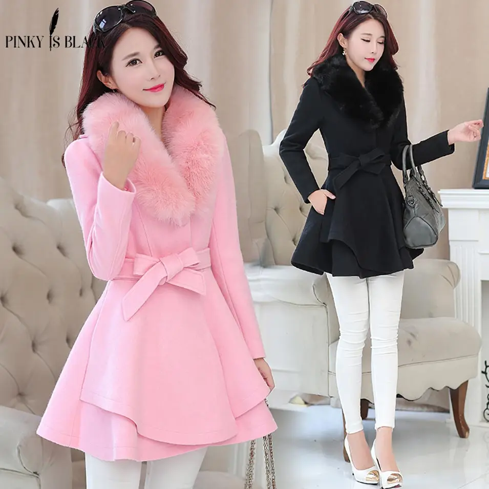Pinky Is Black Winter Women Woolen Coat Outerwear Large Fur Collar Ruffles Female Casual Jacket Long Sweet Preppy Trench Coat