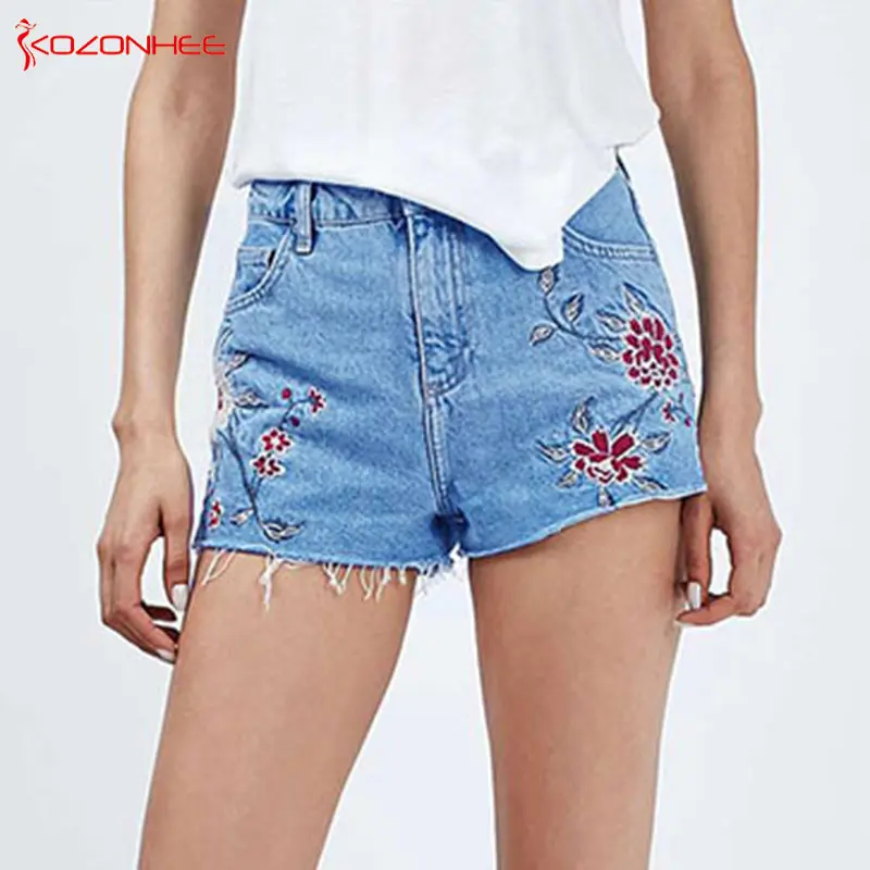 

Summer Embroidery Block Short Jeans Flower Embroidery Pockets Denim Short Pants Casual Slim Shorts With High Waist