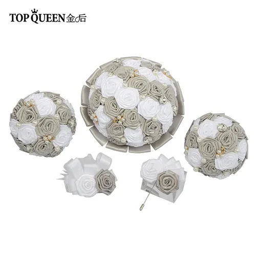 TOPQUEEN F6-GR Потрясающие Свадебные цветы Букеты Свадебные букеты Искусственные белые розы и темно-серые розы и жемчуг - Цвет: one set