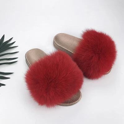 Yu Kube High Quality Plush Furry Real Fur Slippers N Ladies Real Fox Hair Slides Summer Shoes Women Plus Size Flip Flops - Color: U