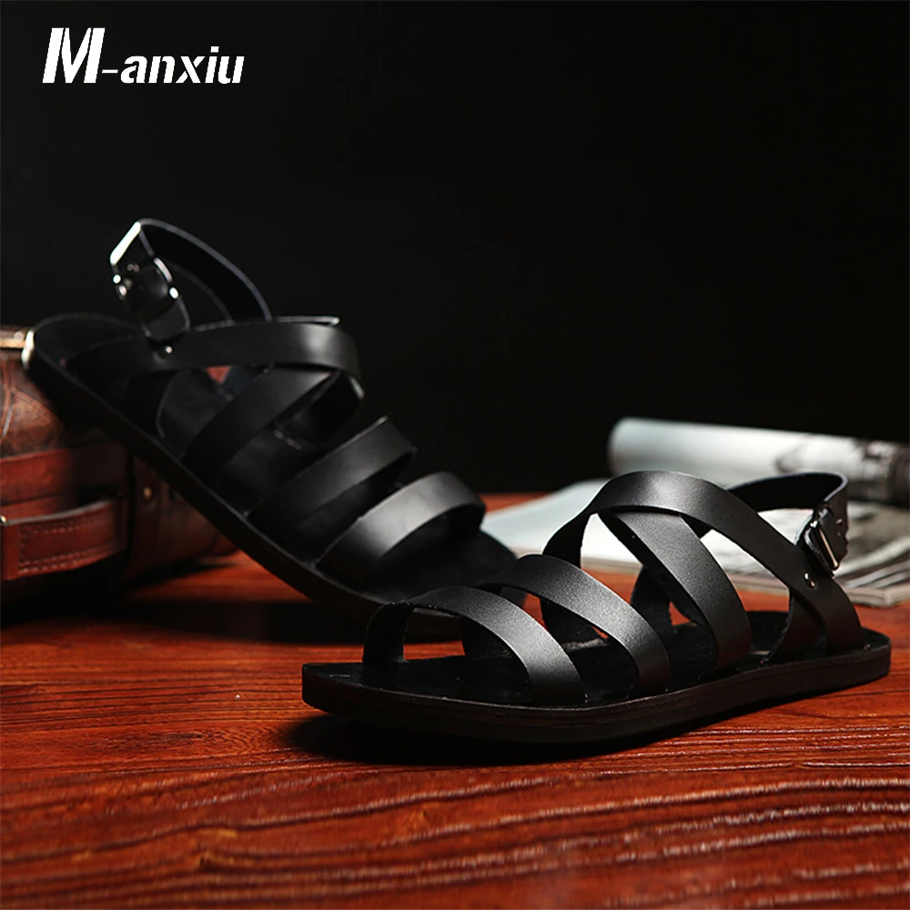 

M-anxiu 2020 Summer Gladiator Genuine Leather Buckle Strap Sandal Men Casual Flat Rubber Sole Breath Antiskid Shoes