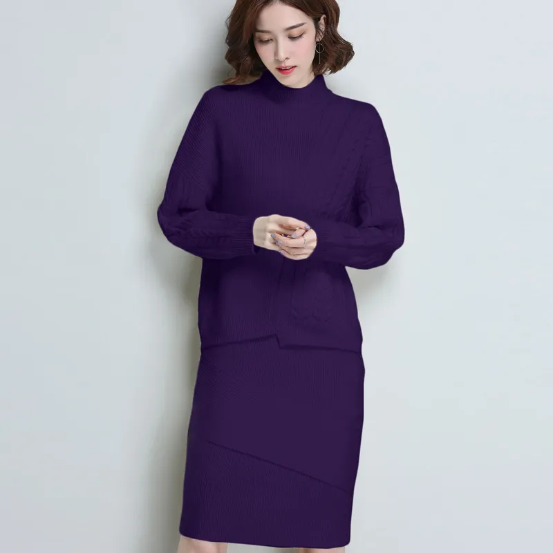 3xl, 5 цветов, брендовый вязаный комплект, Осень-зима, Женский комплект, Ol, Одноцветный костюм, свободный свитер+ тонкая сумка, бедра, юбка, комплект из 2 предметов - Цвет: Purple
