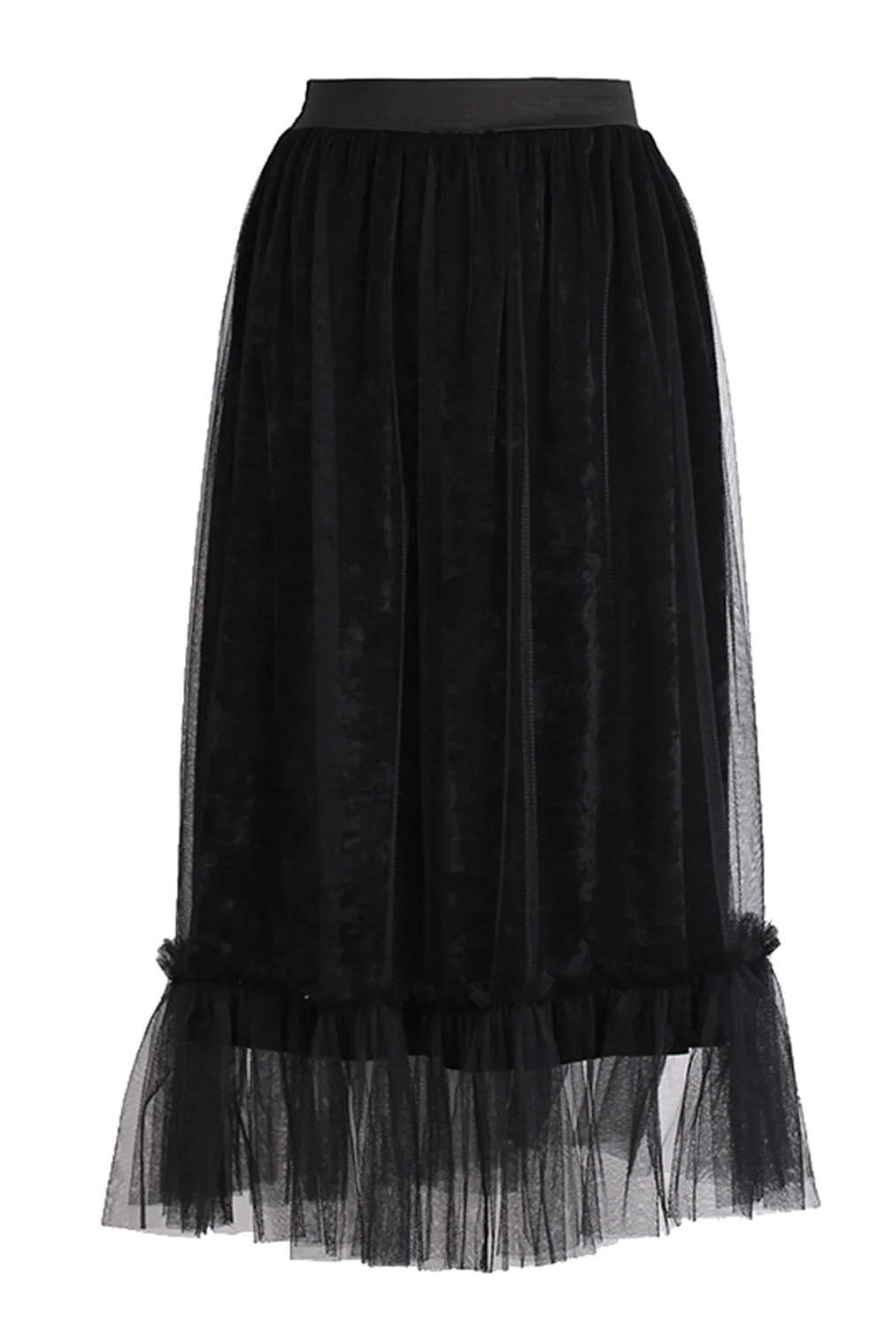 

2019 Tulle Mesh 2 Layers Pleated Skirts Casual Women Elastic High Waist Fashion Party Solid Midi Long Skirts+velvet Lining