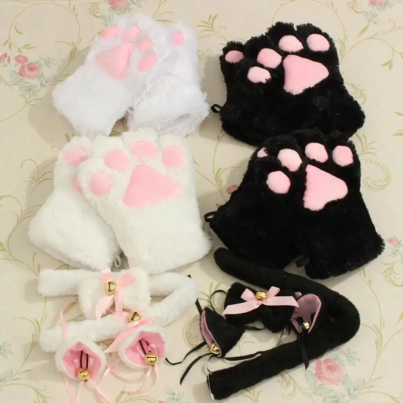 Kawaii милый котенок кошачьи уши Neko перчатки горничной лапы уши хвост галстук вечерние плюшевые лапы коготь аниме Cos кошки перчатки с ушками набор#1106