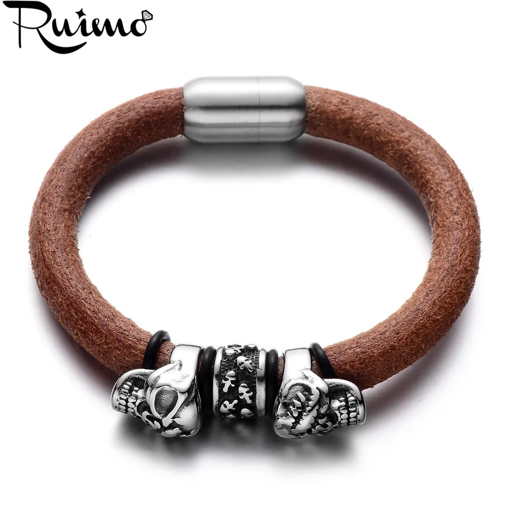 Женские кожаные браслеты RUIMO черные плетеные в стиле панк из нержавеющей стали 316L