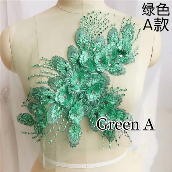 Green A Разноцветные бусины ручной работы кружева патч 3D DIY свадебное платье головной убор невесты сценическая кружевная ткань аппликация, украшение - Цвет: Green A