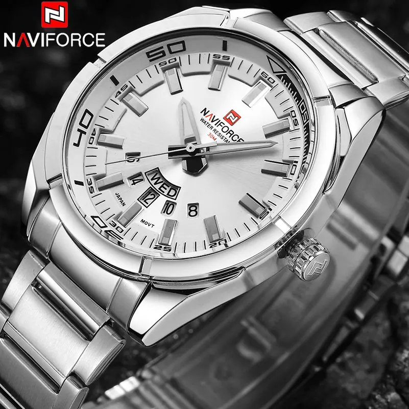 

Часы наручные NAVIFORCE Мужские кварцевые, брендовые Роскошные спортивные водонепроницаемые до 30 м, с браслетом из нержавеющей стали, с автоматической датой