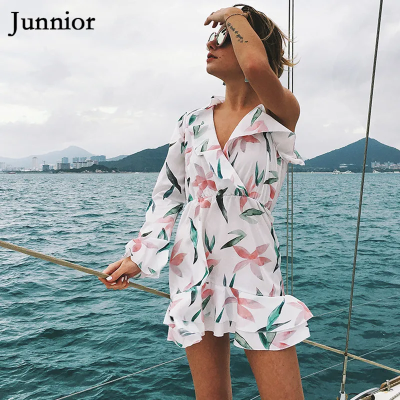 Junnior Asymmetrical Sleeve Chiffon Dress for Women Mini Floral Beach Wear V-neck High Waist Holiday Boho Dresses Modis Mujer | Женская