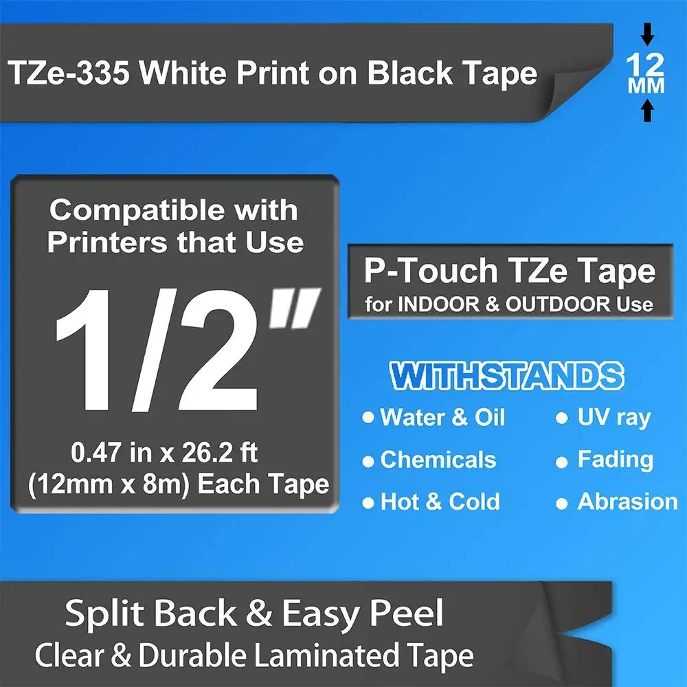 10 шт./лот 12 мм совместим с Tze Tape TZ335 Tze335 белая на черном ламинированной ленте P touch