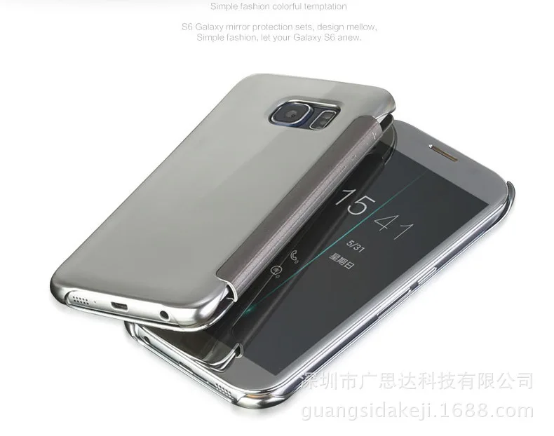 Зеркальный умный кожаный чехол книжка с окошком для Samsung Galaxy S6 Edge Plus 50x Бесплатная