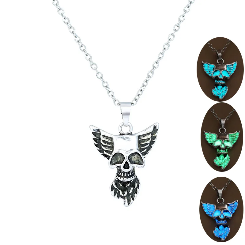 Punk Style Skull Pendant Necklace Luminous Wings Silver Color Chain Glow in the Dark Choker Statement For man Gift | Украшения и