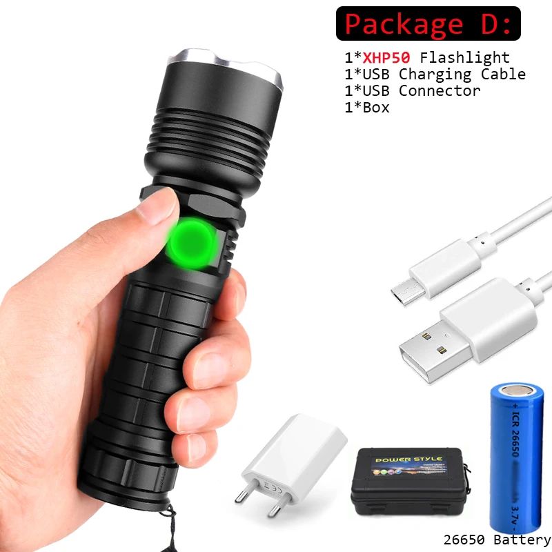 Мощный светодиодный фонарик 26650/18650 лм XHP70.2/XHP50, фонарик с usb-зарядкой, светодиодный фонарь lanter с аккумулятором для кемпинга - Испускаемый цвет: D