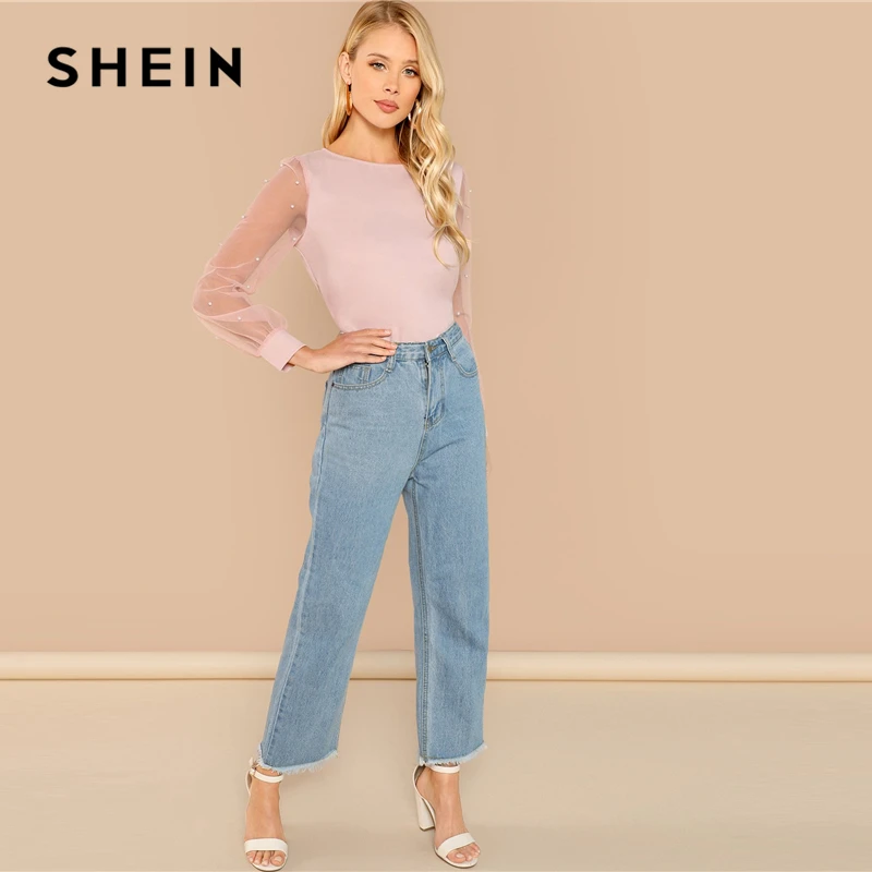 SHEIN Блузка С Прозрачными Рукавами Бусинами Нарядная Длинными Сетчатыми Рукавами|