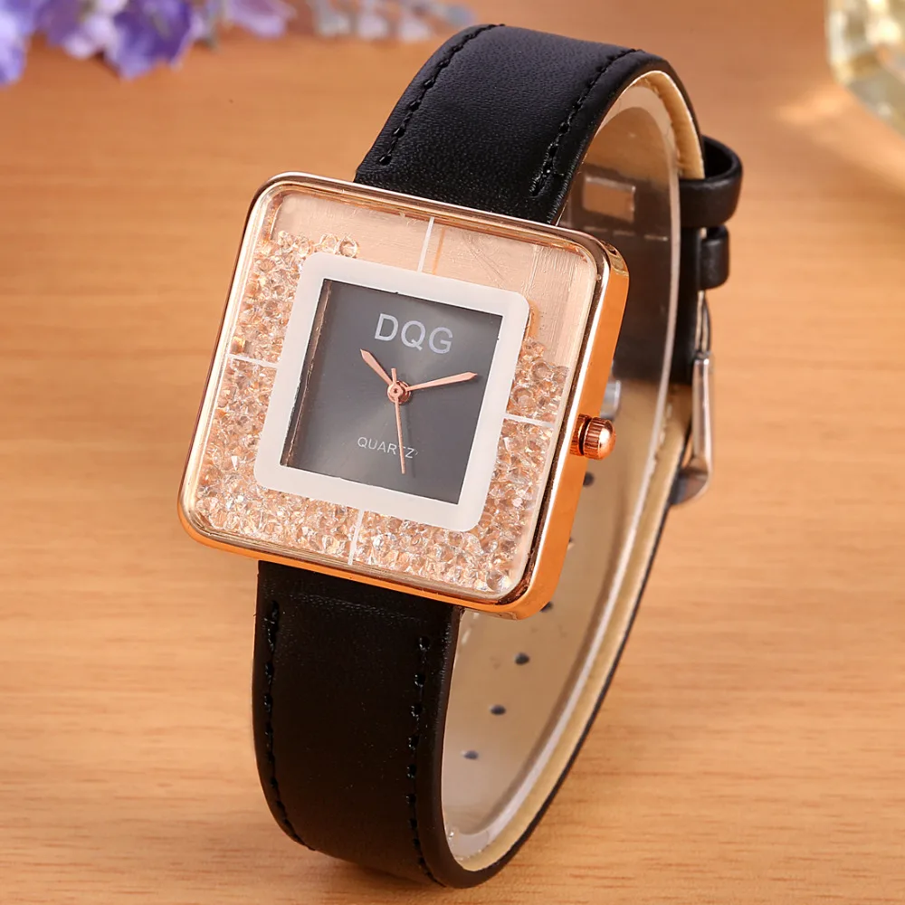 

New Luxury Brand DQG Rectangle Dial Rolling Beads Quartz Watch Women Leather Strap Watches Ladies Relogio Feminino Hot Clock