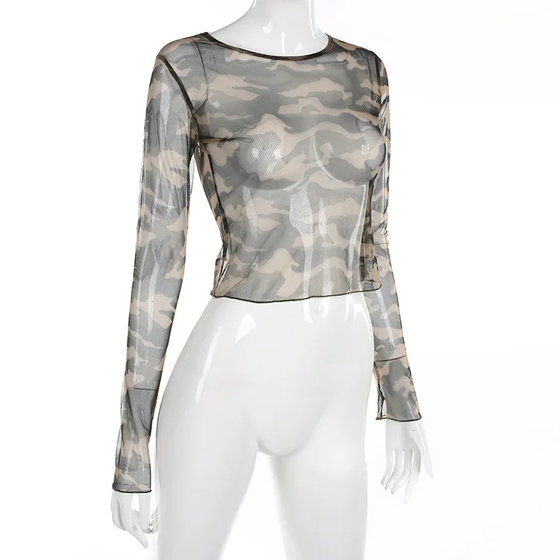 Длинный рукав o образным вырезом камуфляжная Сетчатая футболка из пряжи хлопок