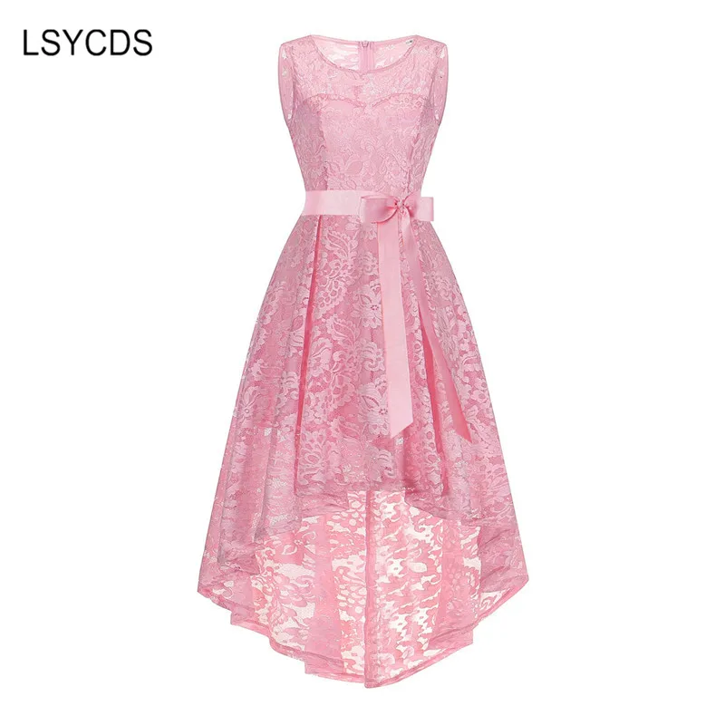 

2022 Lace Summer Dress Women O-Neck Sleeveless Belt Tunic Hepburn 50s Vintage Dress High Low Hem Sexy Hollow Pink Party Dresses