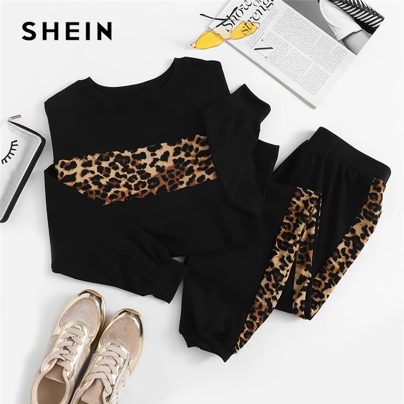 SHEIN Спортивный Костюм С Леопардовым Принтом Контрастная Толстовка И Брюки Женские Повседневные Комплекты С Леопардовым Принтом