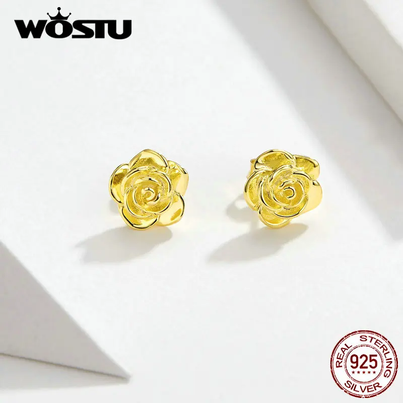 WOSTU золотые серьги-гвоздики в виде цветка розы 925 пробы серебряные маленькие серьги для женщин Свадебные серебряные 925 ювелирные изделия QE646