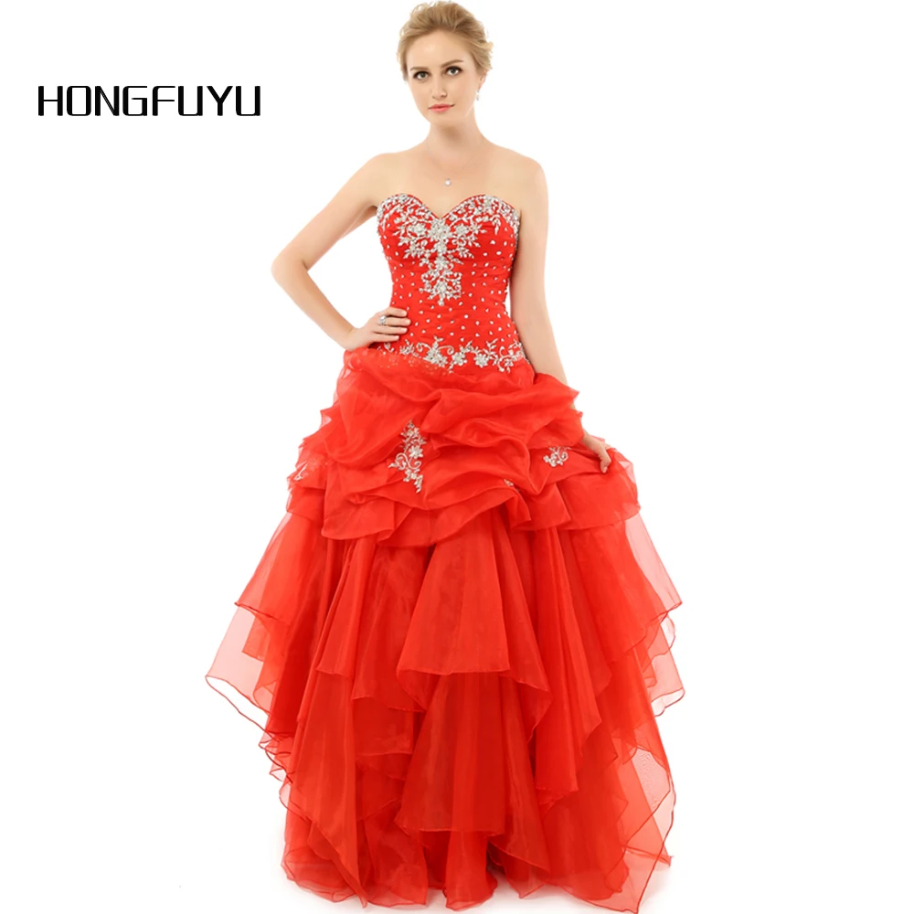 

Vestido De Festa Longo 2019 Ball Gown Perfect Quinceanera Dresses Red Organza Crystals Fashion Quinceanera Gowns Wholesale