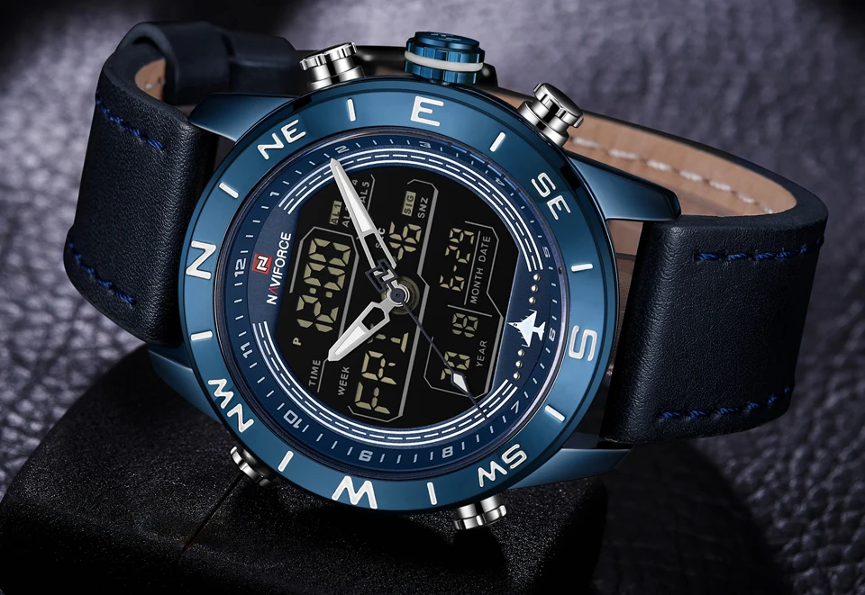 Бренд NAVIFORCE модные синие мужские спортивные часы светодиодный, аналоговый, цифровой часы в стиле милитари кожаные кварцевые часы Relogio Masculino
