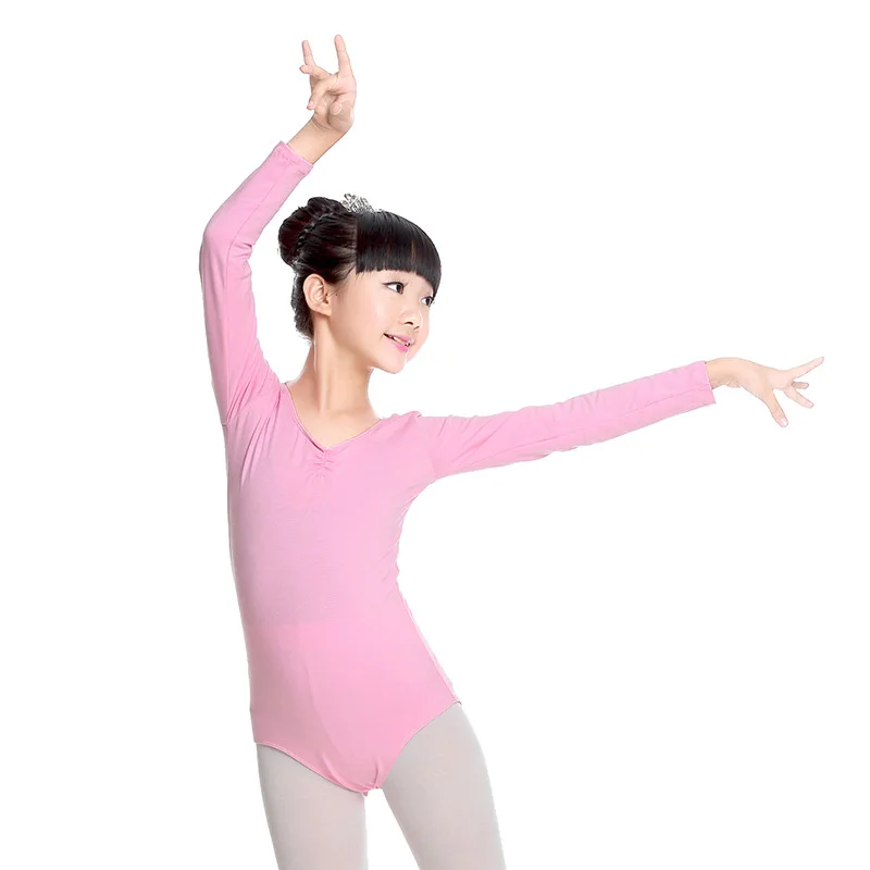 pink long sleeve Детские хлопковые балерины для балета, гимнастики, трико для девочек, танцевальные боди, костюмы для катания на коньках, одежда, Одежда для танцев - Цвет: pink long sleeve