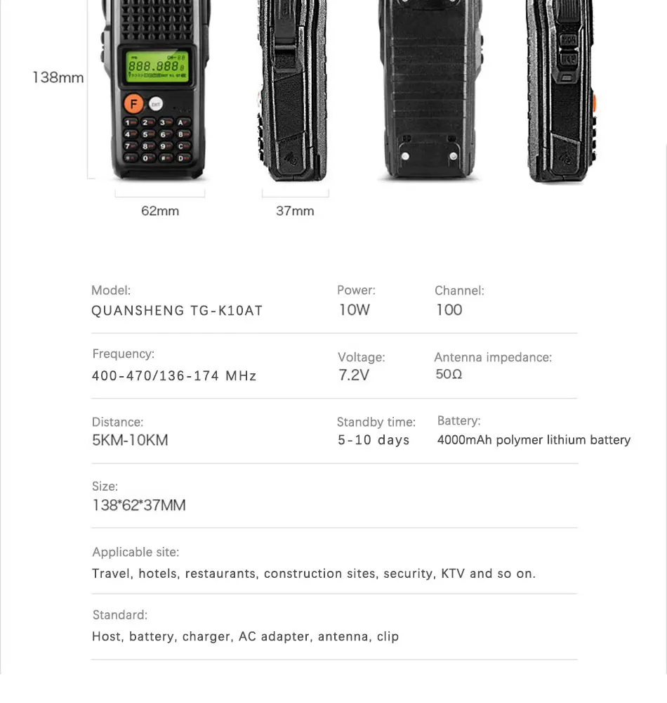10 Вт QuanSheng TG-K10AT Walkie Talkie 10 км TG K10AT радио Comunicador 10 км UHF400-470MHz дополнительно VHF Band двухстороннее радио 4000 мАч