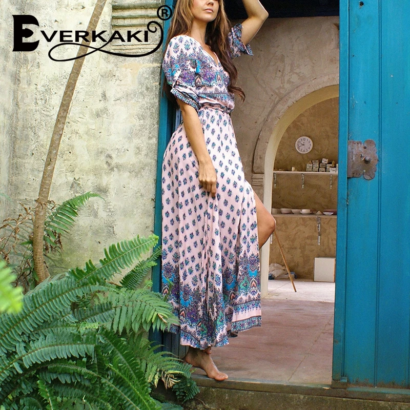 Everkaki 2019 женская летняя богемная Туника Цветочные Вечерние пляжное макси платье
