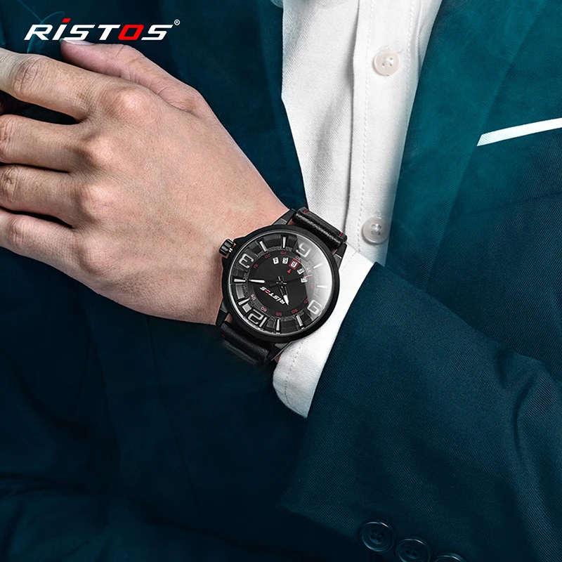 RISTOS Masculino хронограф световой Мужские часы кожа Элитный бренд военные Наручные