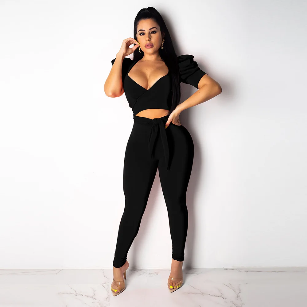 

Sexy Fashion Short Deep V Solid Bandage High Waist Crop Top Pants Hot Style Women Two Piece Suits Nightclub Suits 3 Colors