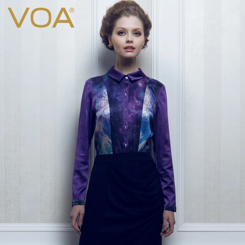 Женская шелковая блузка VOA фиолетовая офисная рубашка с длинным рукавом Мягкий