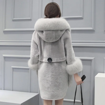 2017 Lady autumn and winter fur one of the long sheep cut cashmere imitation hooded jacket lamb hair female | Женская одежда