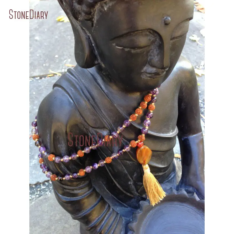 

February Birthstone Hand knotted Amethysts Rudraksha & Carnelian 108 Bead Mala Necklace Bohemian Tassel Beads Necklace NM10960