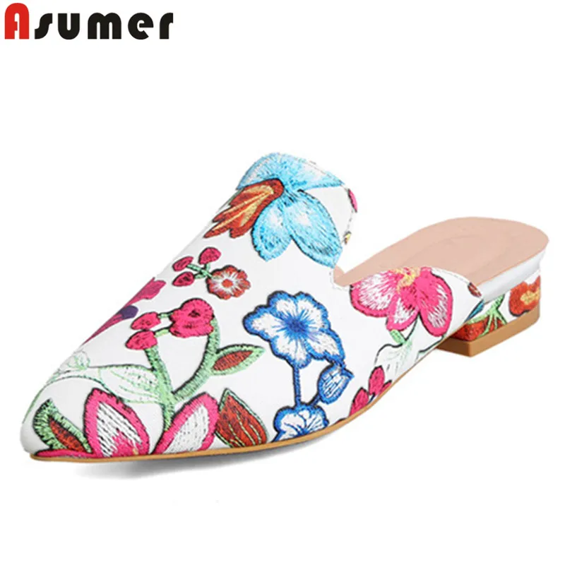 Женские туфли без задника ASUMER с острым носком на плоской подошве вышивкой