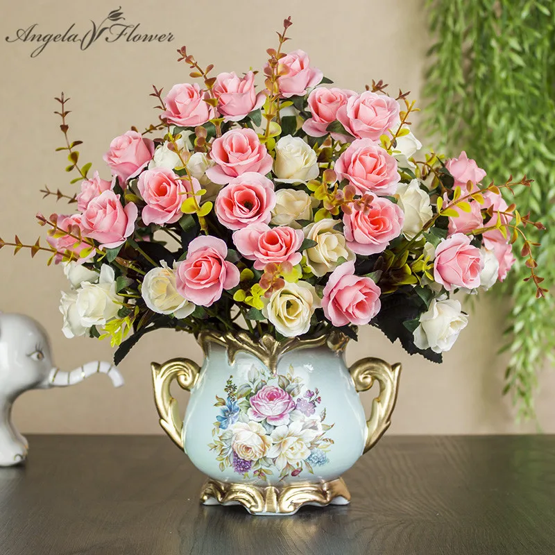 

NEW 1set European artificial flower+vase living room home table wedding decor potted bonsai ornament silk flores +Ceramic vase