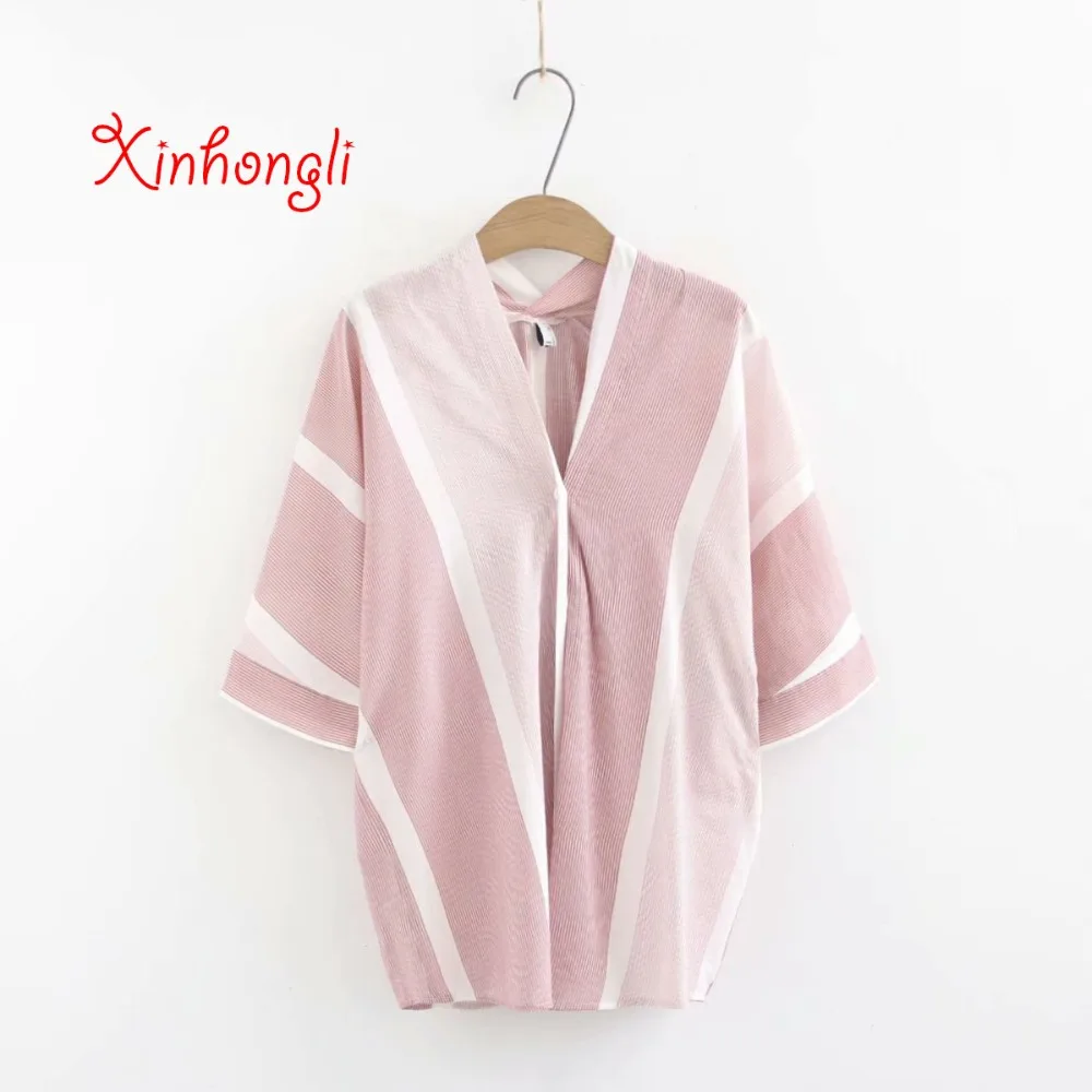

Plus size Striped Chiffon V-neck women loose blouse 2019 new summer casual ladies shirts female half sleeve tops oversize
