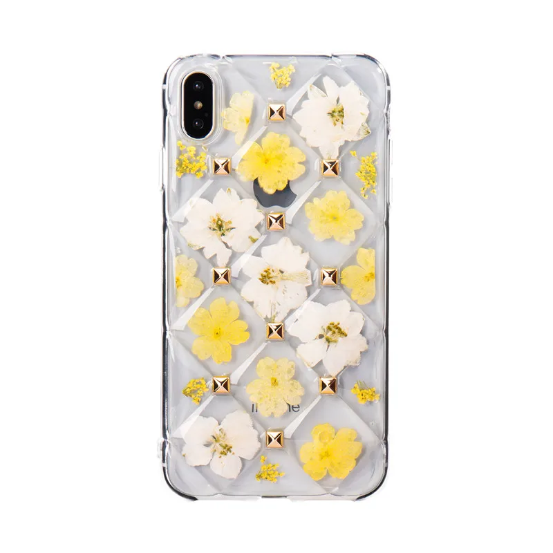 Luxury Lattice Transparent 3D Rivets Cute Real Dried Flowers Soft Silicone Phone Case for iPhone X XR XS MAX 7 8 6 6S Plus Cover |