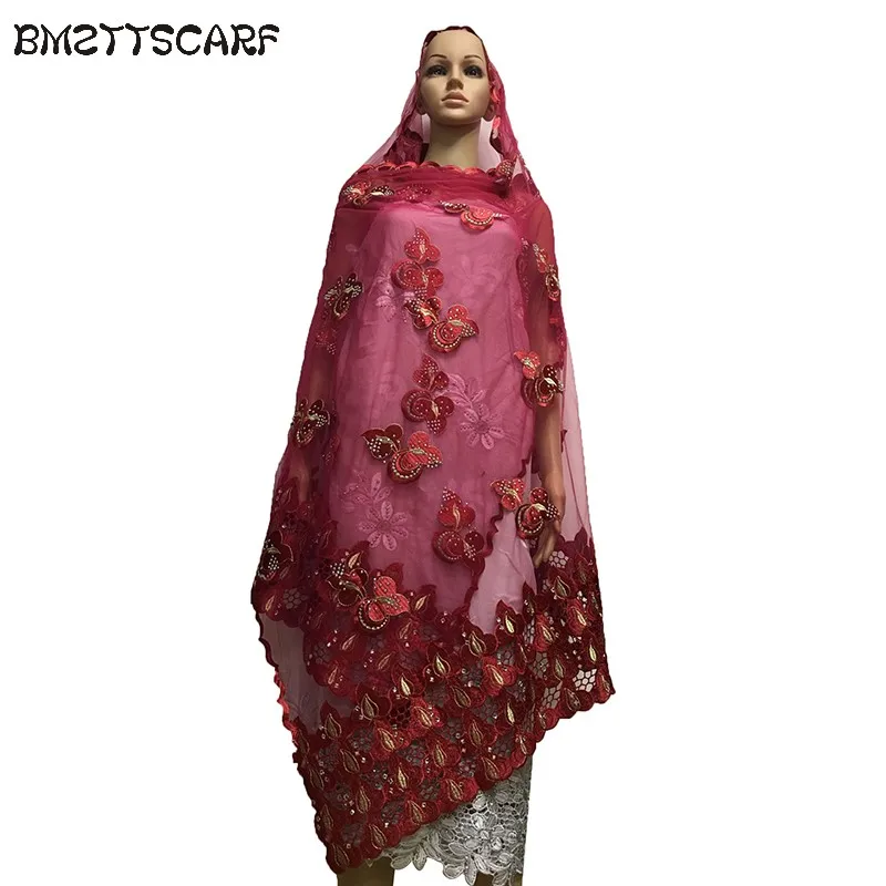 African Scarfs Net with cotton embroidery Muslim hijab scarf/ head scarf rhinestones for women scarves BM521 | Аксессуары для