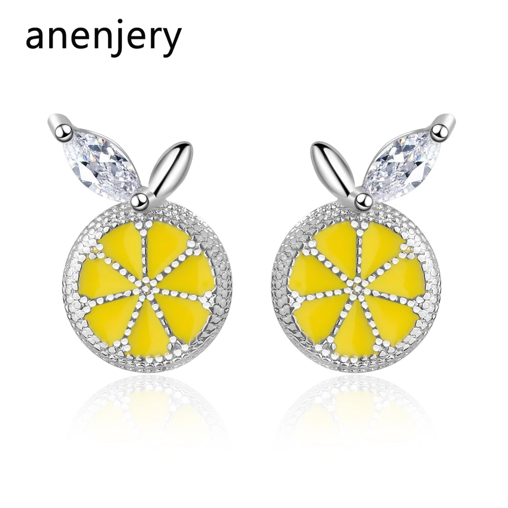 ANENJERY 925 пробы серебро простой дизайн циркон лимон серьги с фруктами для Для