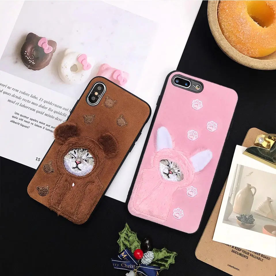 Вышивка Чехол для телефона iPhone XS Max 6 7 8 X XR милый плюшевый Кот задняя крышка S плюс