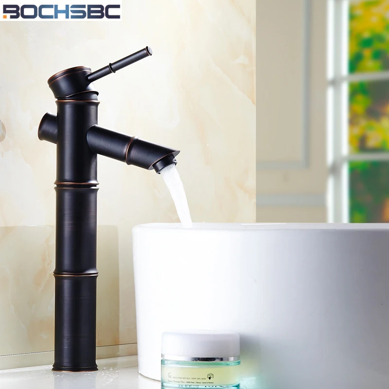 

BOCHSBC European Style Black Basin Faucets Antique Bamboo Single Hole Water Mixer Tap Hot and Cold Water Bathroom Sink Faucet